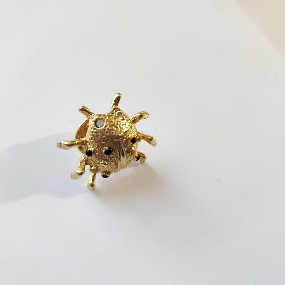 Vintage Ladybug Lapel Pin Brooch Gold-Tone With Rhinestones 1970's - Picture 2 of 7